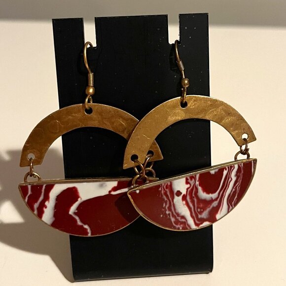 Boho Dangling Earrings. Gold and Marbled Enamel.  2.5". Gently Used - Picture 1 of 2
